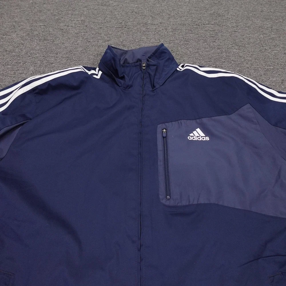 Adidas Jacket‎ Mens Large Blue Hooded Full Zip Windbreaker 3 Stripe X29694